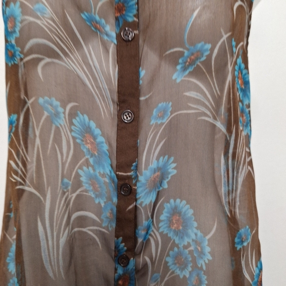 Cecico Sheer Brown Floral Academia Collared Button Down Hi-Lo Hem Top Size L - Picture 4 of 14